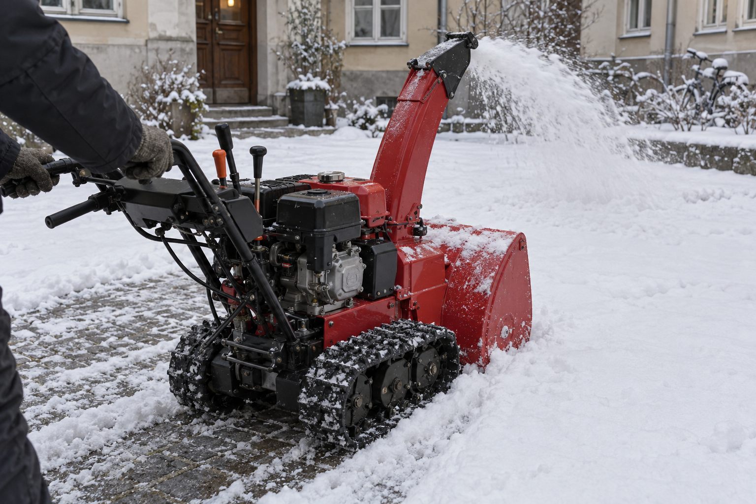 Snøfreser rydder snø i en bakgård